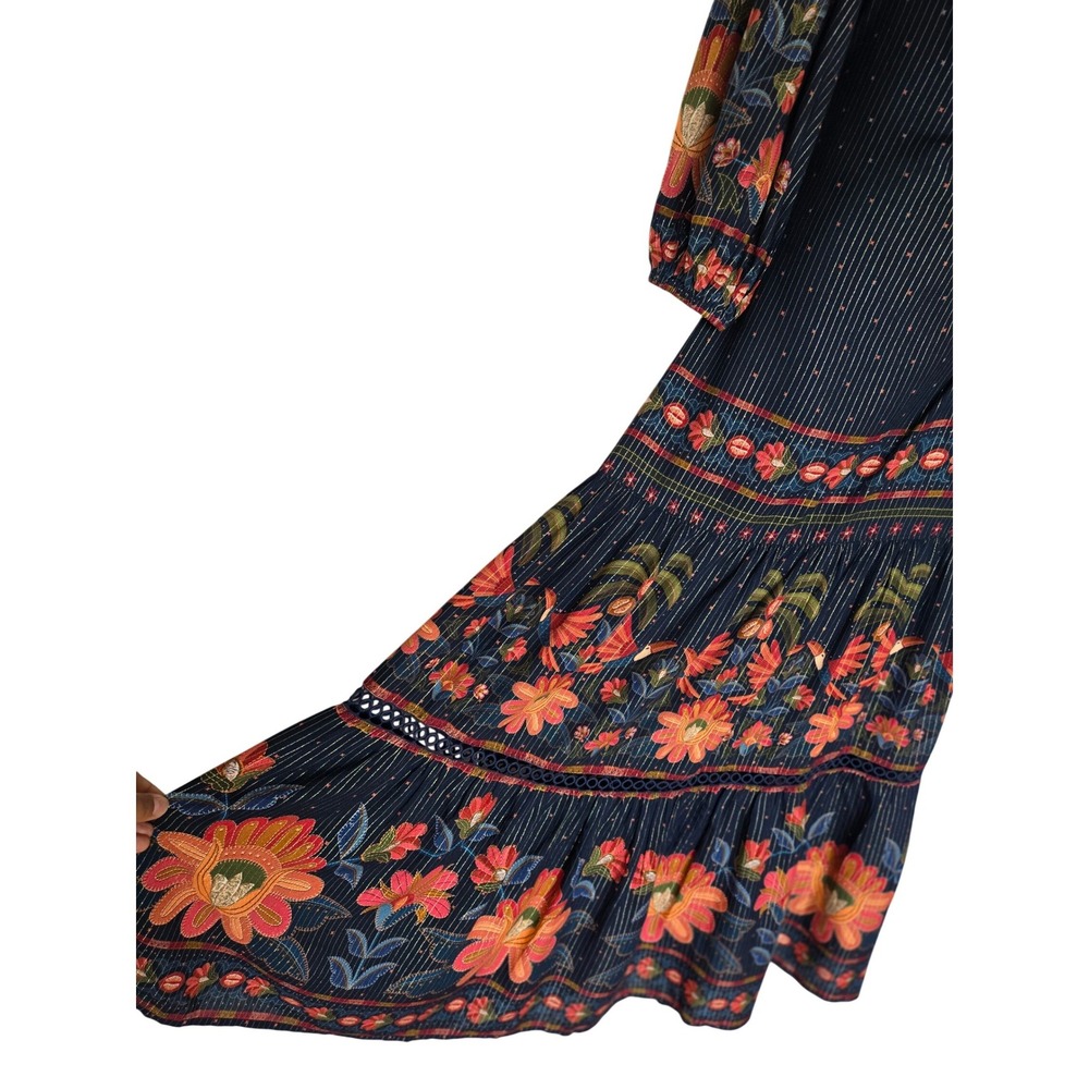 Rare Farm Rio Navy Floral Metallic Stripe One Shoulder Maxi Dress M Resort Boho - Picture 6 of 13